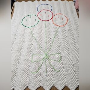 Hand Crochet Herringbone Baby Blanket Lap Cover White With Balloons 35” X 44”
